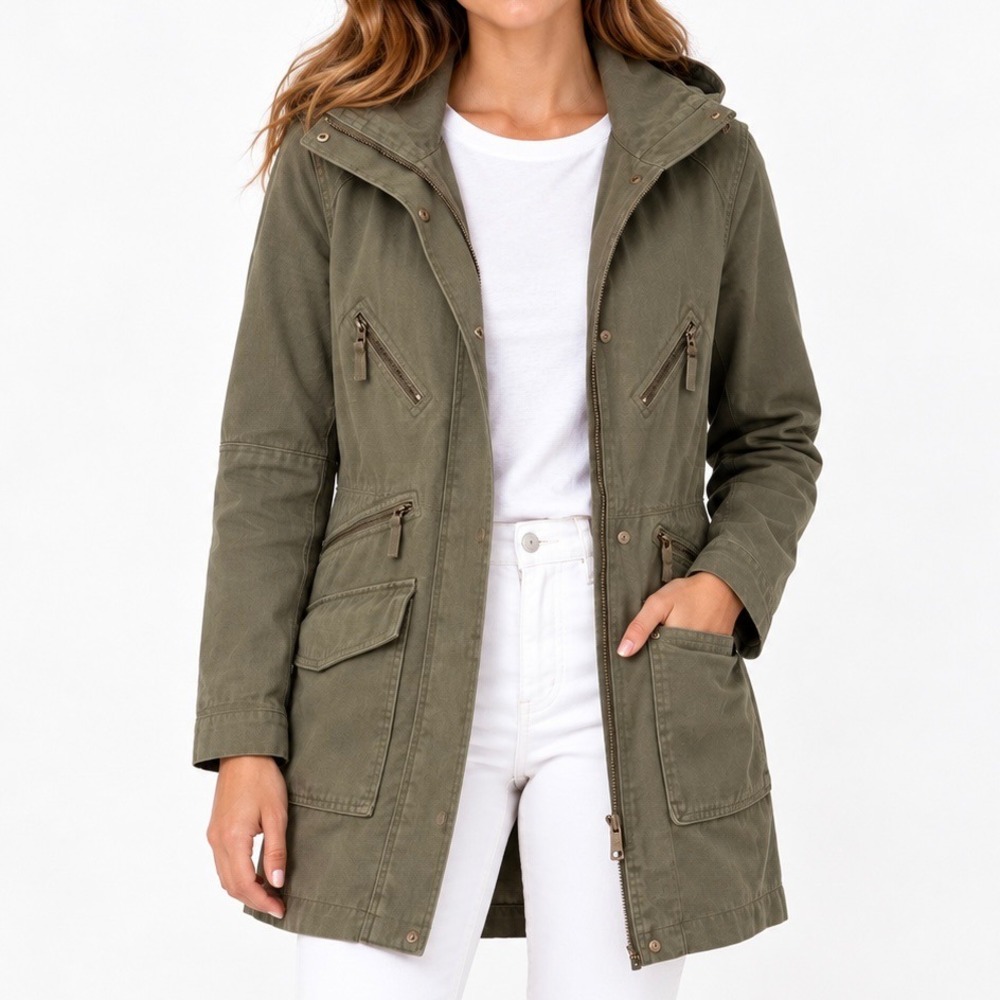 LINDEX | Khaki Green Utility Trench jacket Coat Long Line Zip Bomull Cotton | 36